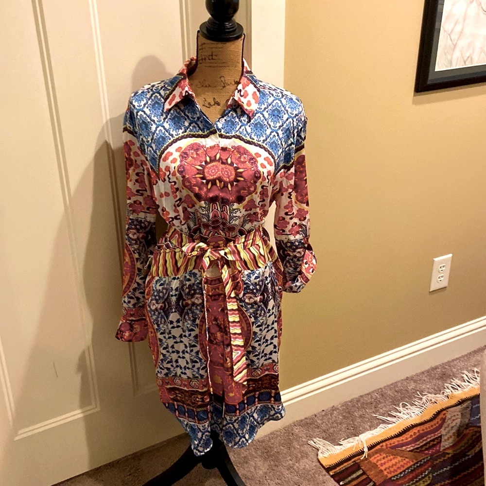 Brightly Pattered Shirt Dress by KAS Designs sz M